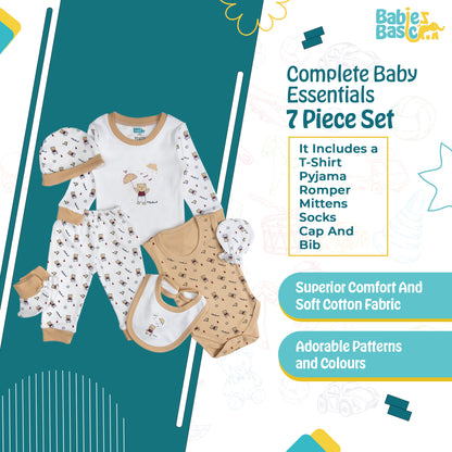 BabiesBasic 7 piece unisex 100% cotton Set include bib, socks, mitten, cap, romper, top and bottom set, 3-6 Months , Brown