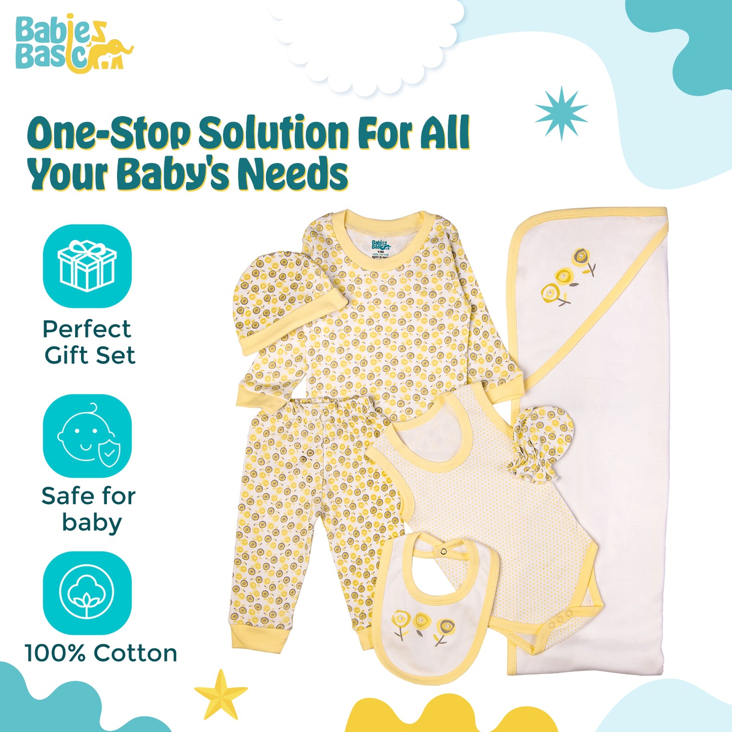 BabiesBasic 7 piece cotton Set include bib, blanket, mitten, cap, romper, top and bottom set, 6-9 Months , Yellow