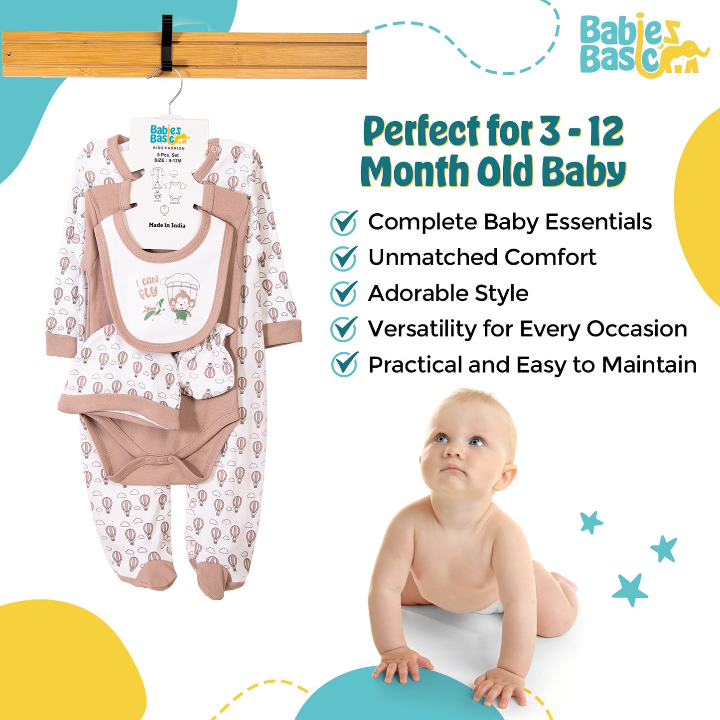 Babiesbasic 5 piece cotton Set include Bib, Romper, Mittens, cap and Sleepsuit- I can Fly, 3-6 Months , Grey