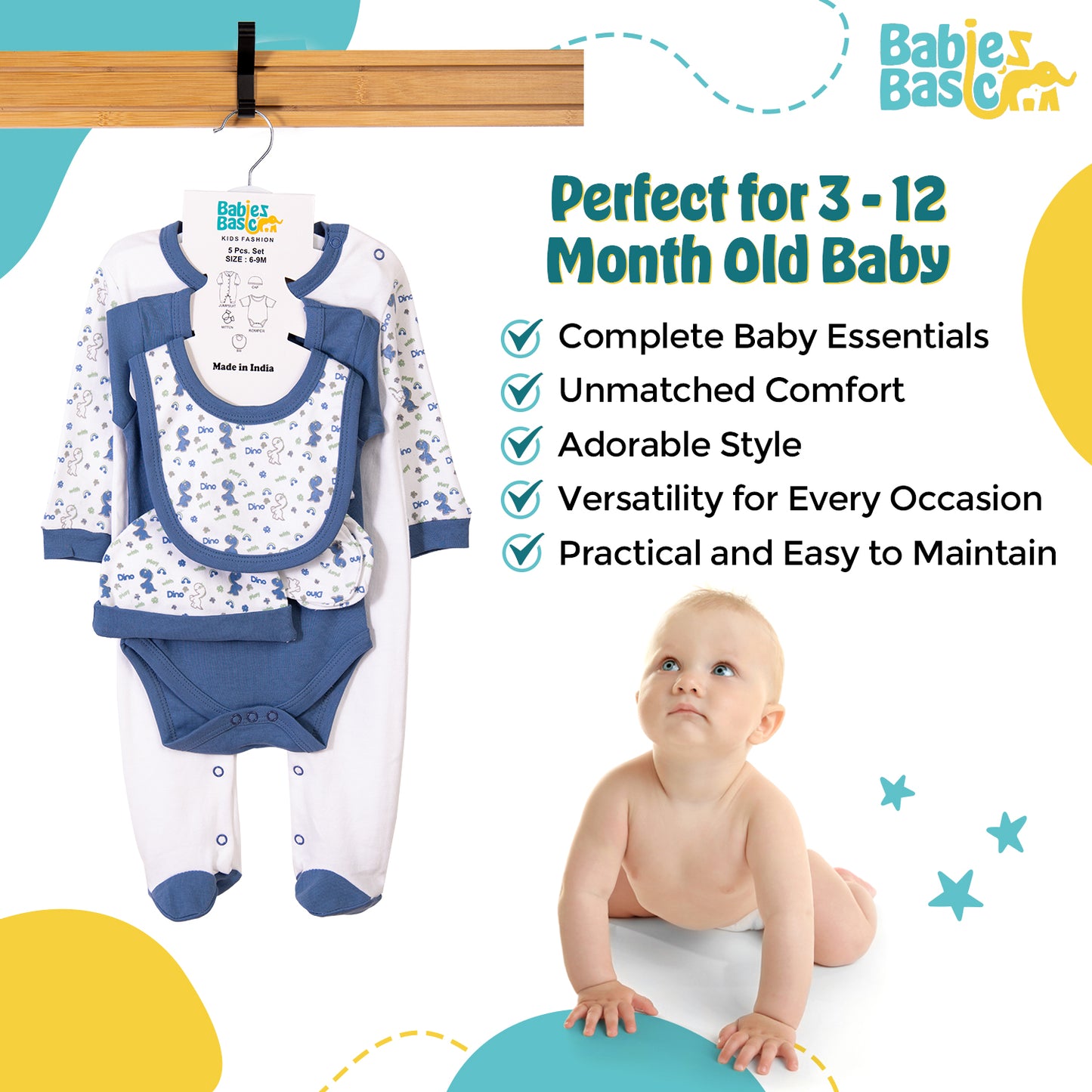 Babiesbasic 5 piece cotton Set include Bib, Romper, Mittens, cap and Sleepsuit- Be Happy, 6-9 Months , Blue