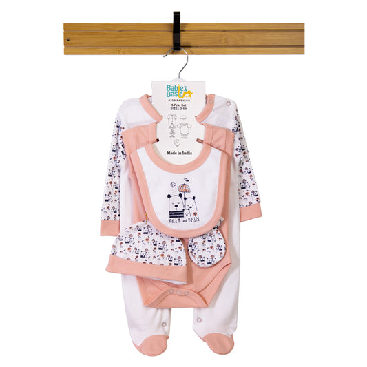 Babiesbasic 5 piece cotton Set include Bib, Romper, Mittens, cap and Sleepsuit- Rain, 9-12 Months , Pink