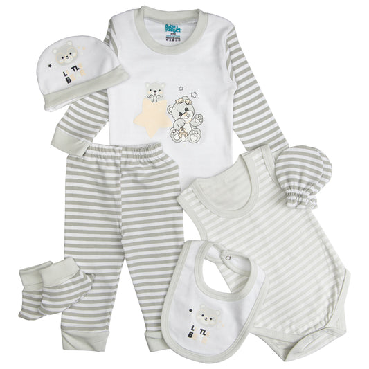 BabiesBasic 7 piece unisex 100% cotton Set include bib, socks, mitten, cap, romper, top and bottom set, 9-12 Months , Grey