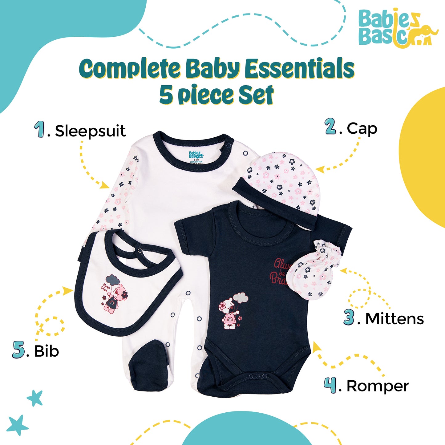 Babiesbasic 5 piece cotton Set include Bib, Romper, Mittens, cap and Sleepsuit- Always be brave, 6-9 Months , Blue