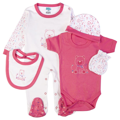 Babiesbasic 5 piece cotton Set include Bib, Romper, Mittens, cap and Sleepsuit- Teddy, 9-12 Months , Red