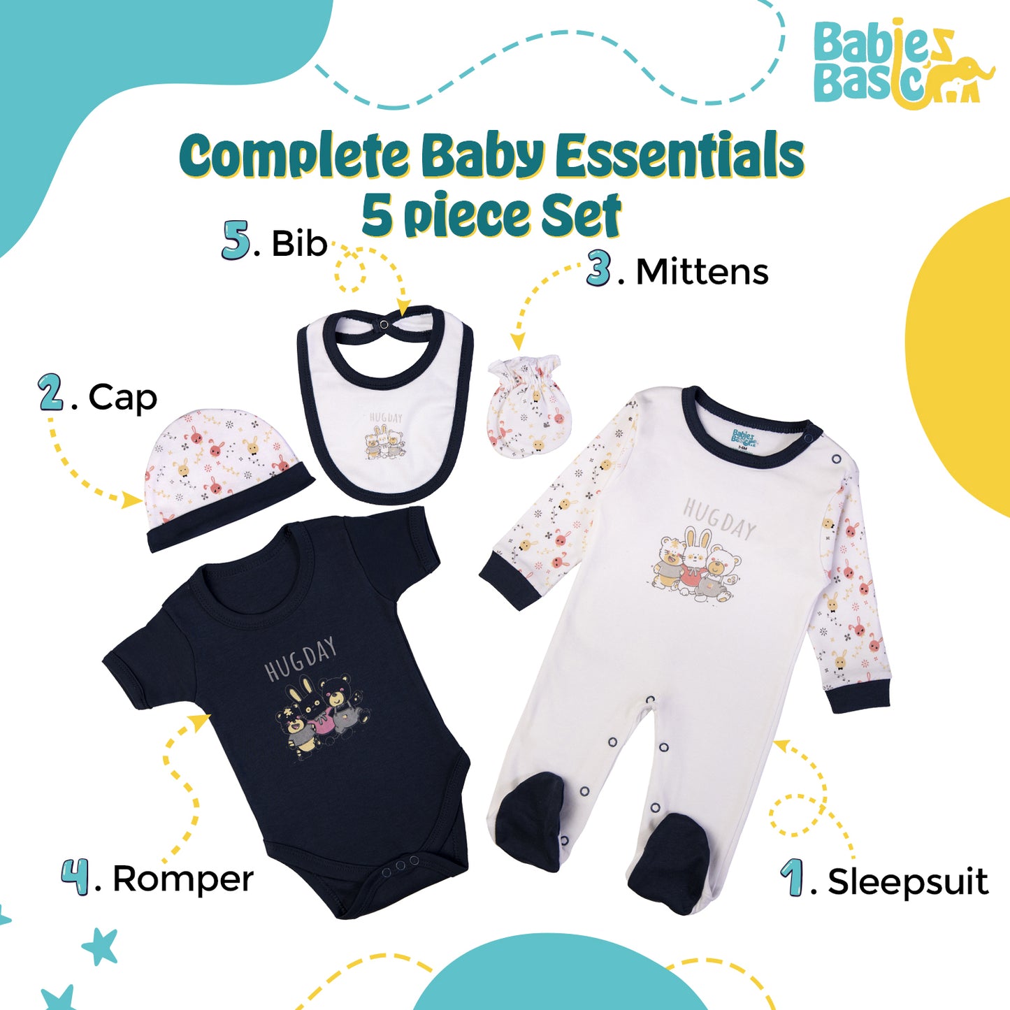 Babiesbasic 5 piece cotton Set include Bib, Romper, Mittens, cap and Sleepsuit- Hug Day, 3-6 Months , Blue