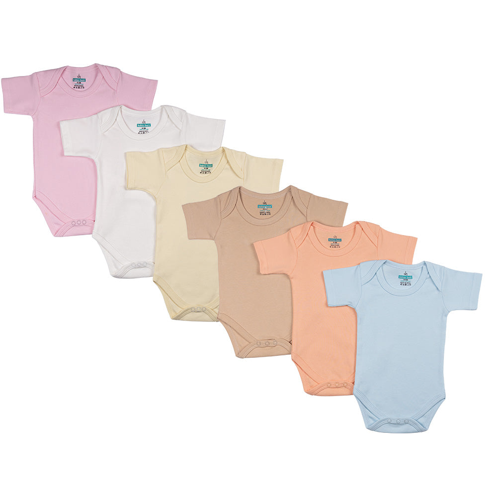 BabiesBasic 100% Super Combed Cotton, Short Sleeves Romper/Bodysuit, Set of 6 - Multicolor, 12-18 Months