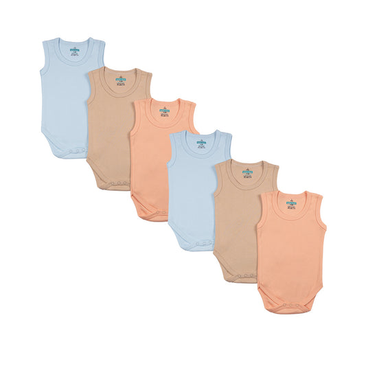 BabiesBasic 100% Super Combed Cotton, SleeveLess Romper/Bodysuit, Set of 6 - Blue, Orange, Brown, 3-6 Months