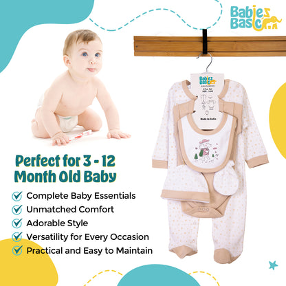 Babiesbasic 5 piece cotton Set include Bib, Romper, Mittens, cap and Sleepsuit- Be Brave, 3-6 Months , Beige