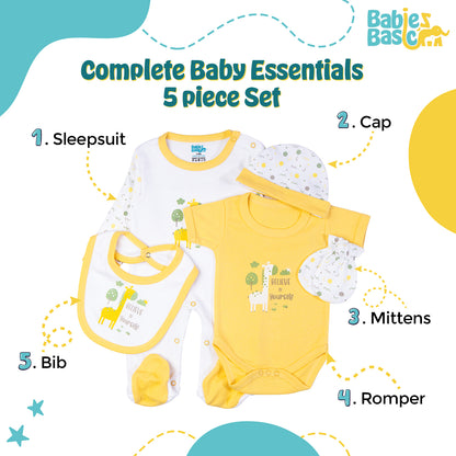 Babiesbasic 5 piece cotton Set include Bib, Romper, Mittens, cap and Sleepsuit- Believe in Yourself, 6-9 Months , Yellow