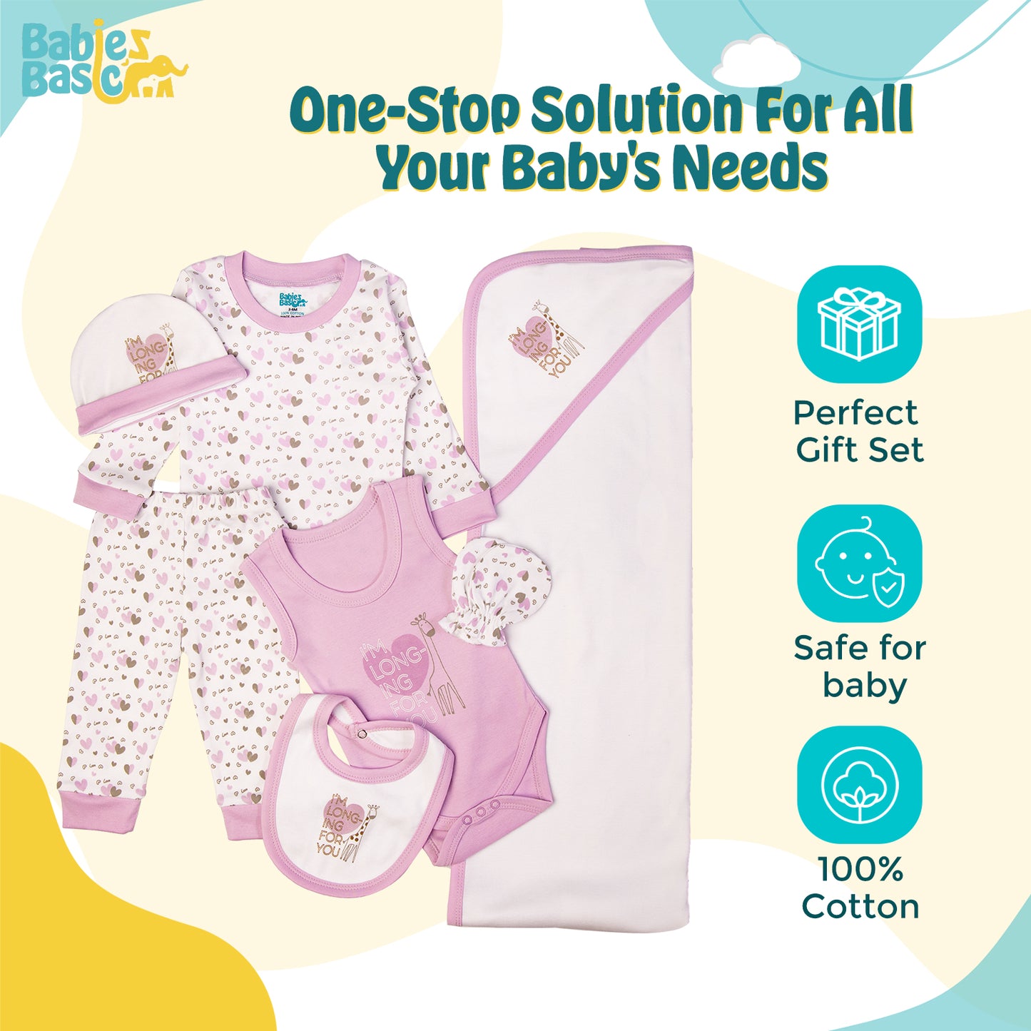 BabiesBasic 7 piece cotton Set include bib, blanket, mitten, cap, romper, top and bottom set, 3-6 Months , Purple