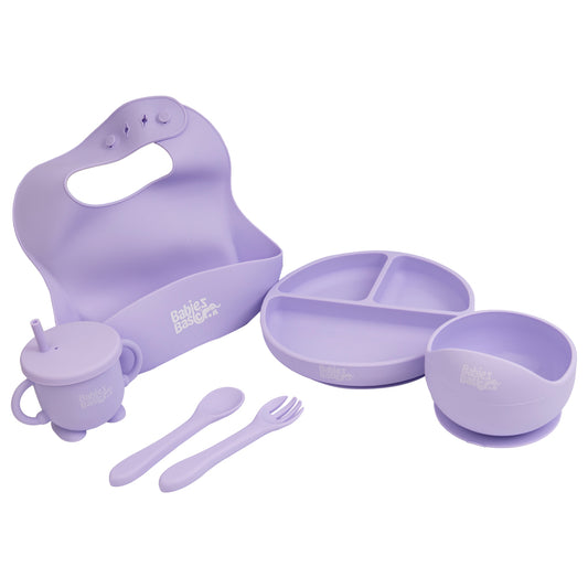 BabiesBasic Feeding Set, 6 Piece, Silicone Plate, Bowl, Bib, Spoon , Fork and  2 in 1 Cup - Purple