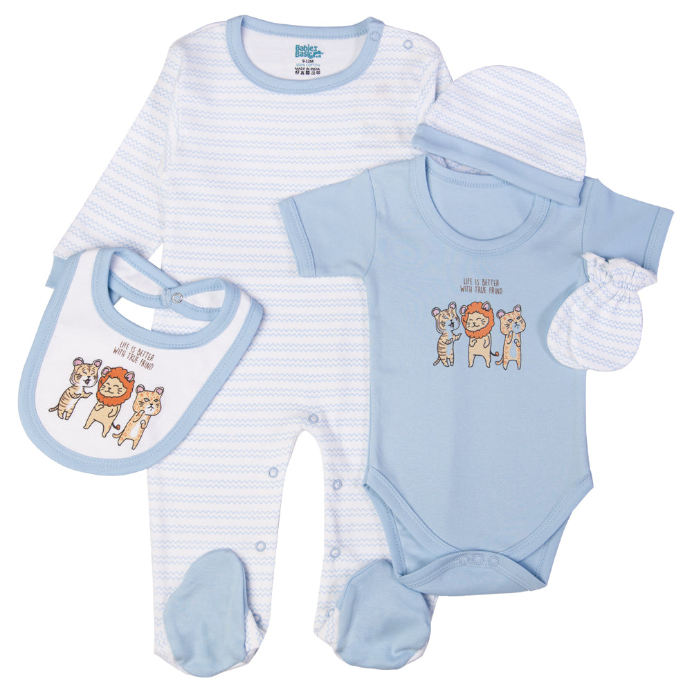 Babiesbasic 5 piece cotton Set include Bib, Romper, Mittens, cap and Sleepsuit- Life is Better, 6-9 Months , Blue