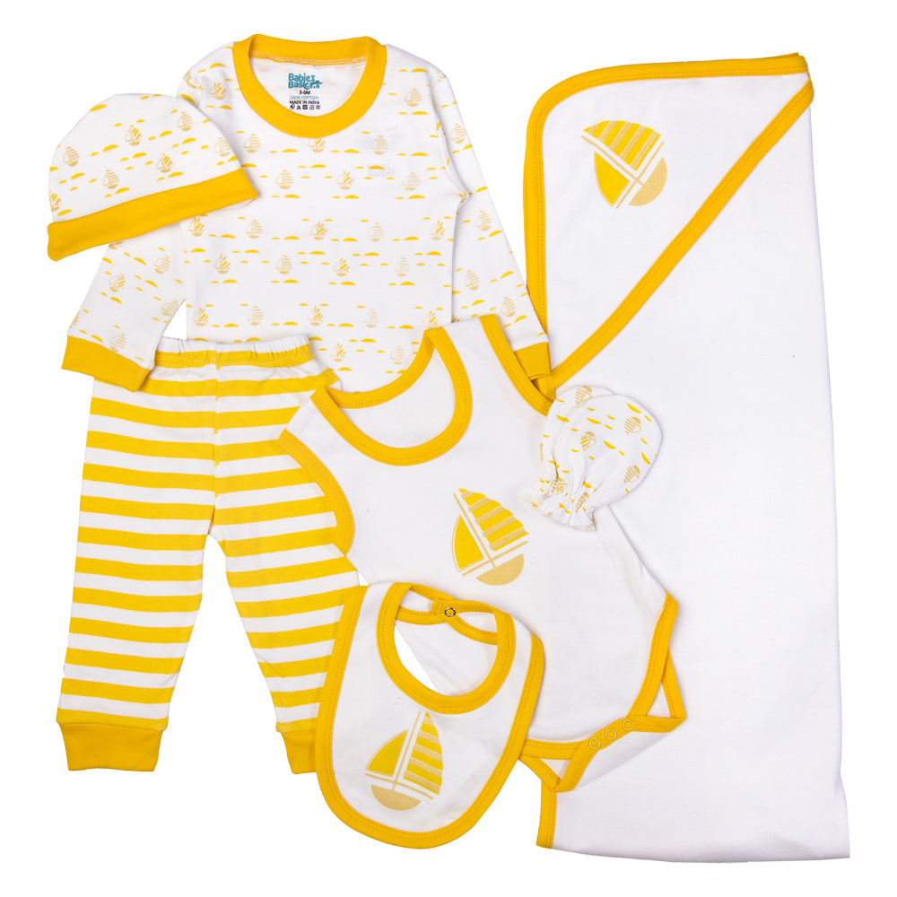 BabiesBasic 7 piece cotton Set include bib, blanket, mitten, cap, romper, top and bottom set, 6-9 Months , Yellow