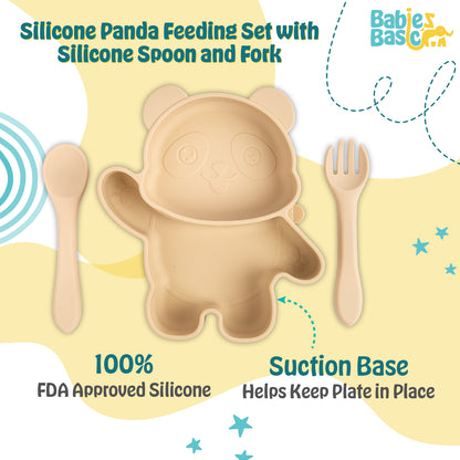 BabiesBasic Feeding Set, 3 Piece, Silicone Feeding Panda Set with Silicone Suction Plate, Spoon and Fork - Beige