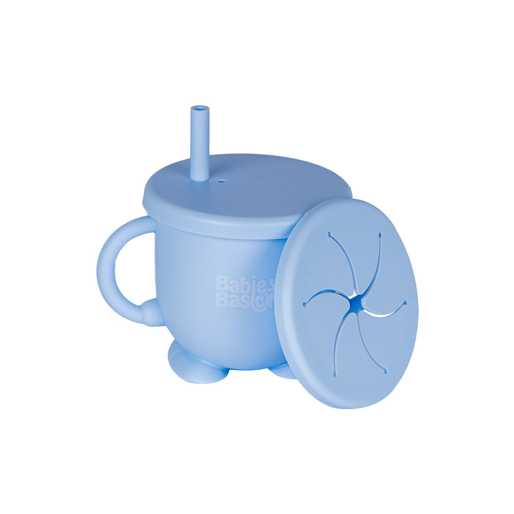 BabiesBasic Multi Purpose 2 in 1 Silicone Cup with Straw or a Snack Lid - Blue