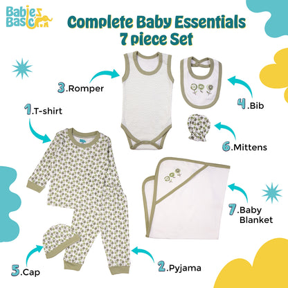 BabiesBasic 7 piece cotton Set include bib, blanket, mitten, cap, romper, top and bottom set, 9-12 Months , Green