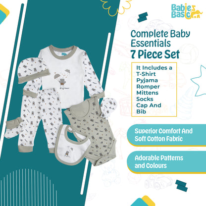 BabiesBasic 7 piece unisex 100% cotton Set include bib, socks, mitten, cap, romper, top and bottom set, 3-6 Months , Green