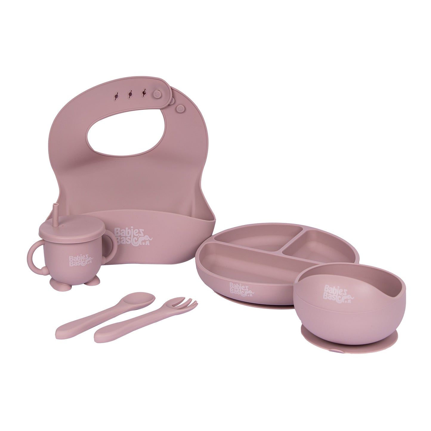 BabiesBasic Feeding Set, 6 Piece, Silicone Plate, Bowl, Bib, Spoon , Fork and  2 in 1 Cup - Blush