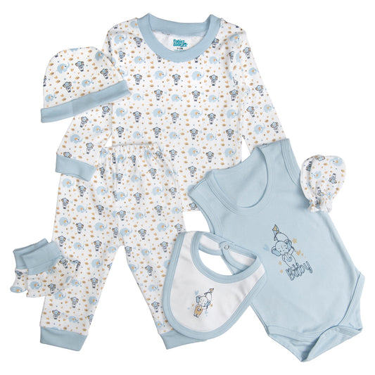 BabiesBasic 7 piece unisex 100% cotton Set include bib, socks, mitten, cap, romper, top and bottom set, 3-6 Months , Blue