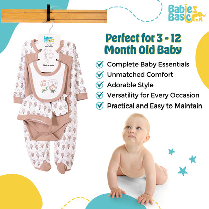 Babiesbasic 5 piece cotton Set include Bib, Romper, Mittens, cap and Sleepsuit- I can Fly, 3-6 Months , Grey