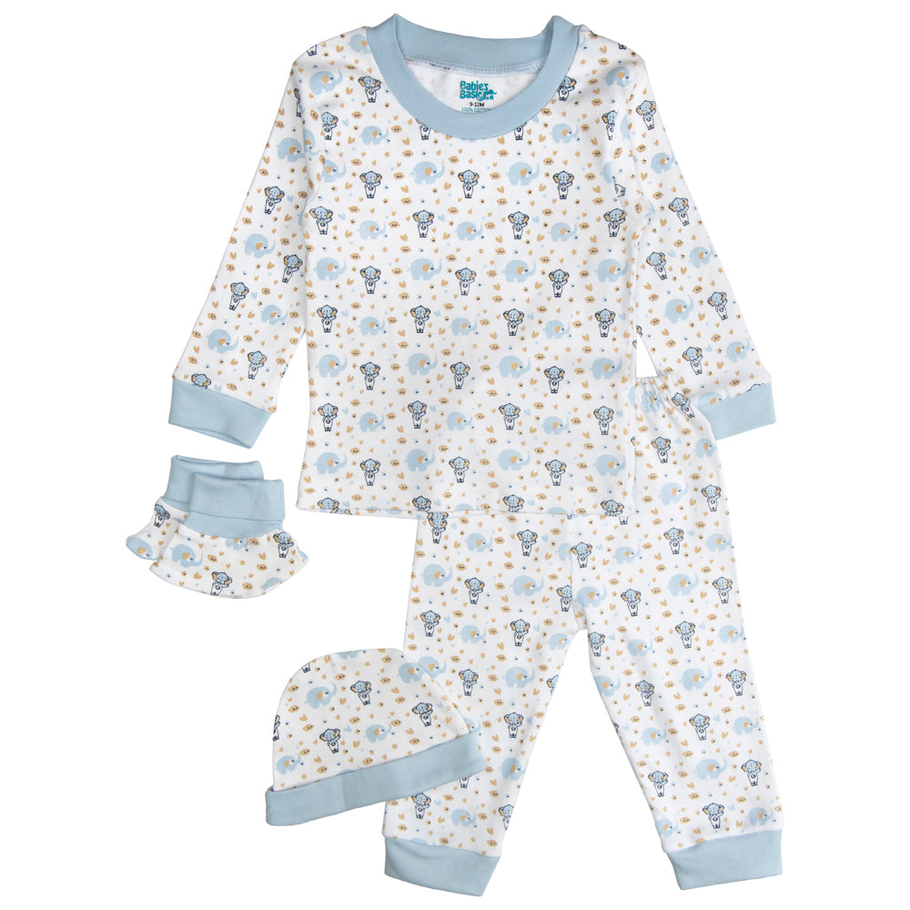 BabiesBasic 7 piece unisex 100% cotton Set include bib, socks, mitten, cap, romper, top and bottom set, 6-9 Months , Blue