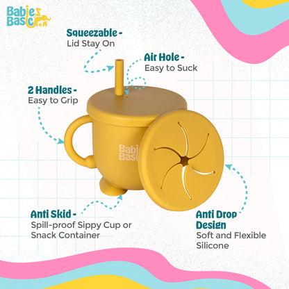 BabiesBasic Multi Purpose 2 in 1 Silicone Cup with Straw or a Snack Lid - Yellow