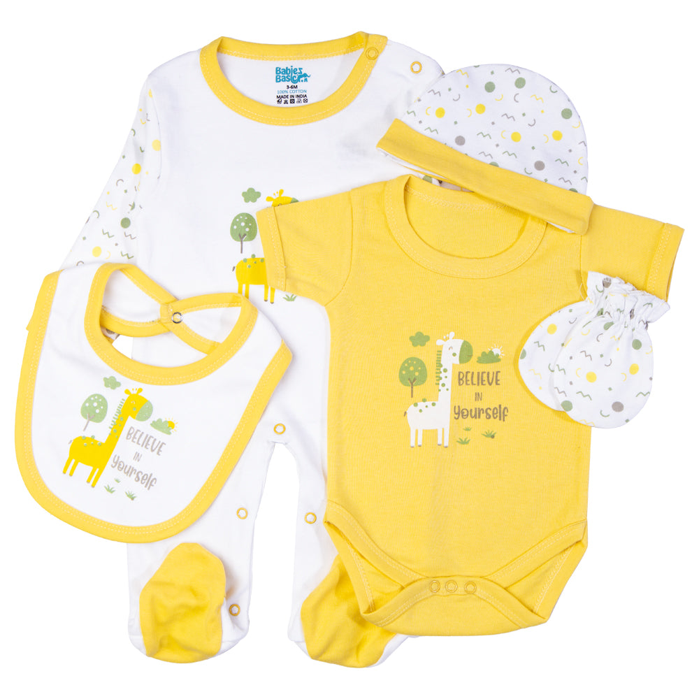 Babiesbasic 5 piece cotton Set include Bib, Romper, Mittens, cap and Sleepsuit- Believe in Yourself, 6-9 Months , Yellow