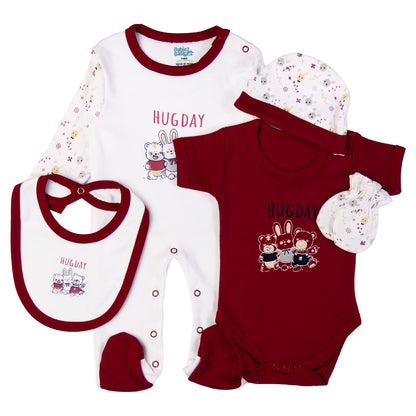 Babiesbasic 5 piece cotton Set include Bib, Romper, Mittens, cap and Sleepsuit- Hug Day, 9-12 Months , Red