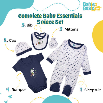 Babiesbasic 5 piece cotton Set include Bib, Romper, Mittens, cap and Sleepsuit- Be Brave, 3-6 Months , Blue