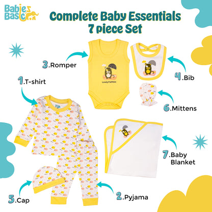 BabiesBasic 7 piece cotton Set include bib, blanket, mitten, cap, romper, top and bottom set, 9-12 Months , Yellow