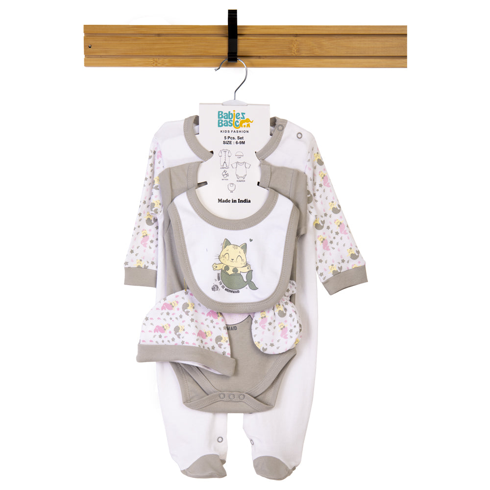 Babiesbasic 5 piece cotton Set include Bib, Romper, Mittens, cap and Sleepsuit- Meowmaid, 6-9 Months , Grey