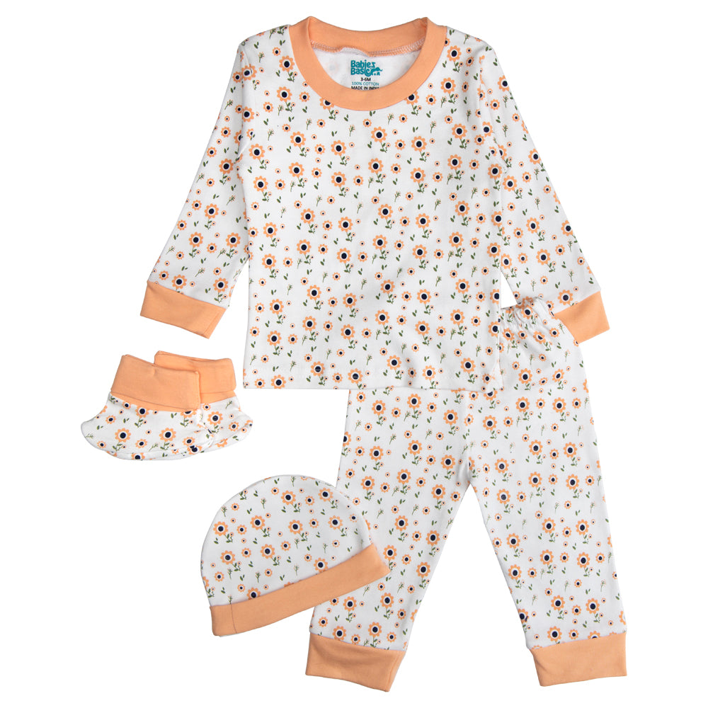 BabiesBasic 7 piece unisex 100% cotton Set include bib, socks, mitten, cap, romper, top and bottom set, 3-6 Months , Peach