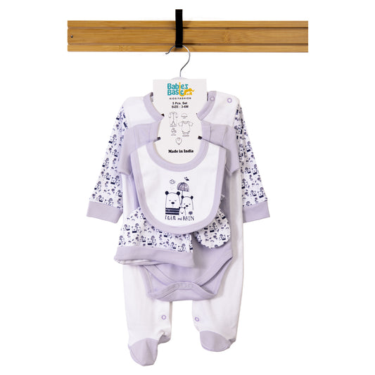 Babiesbasic 5 piece cotton Set include Bib, Romper, Mittens, cap and Sleepsuit- Rain, 9-12 Months , Purple