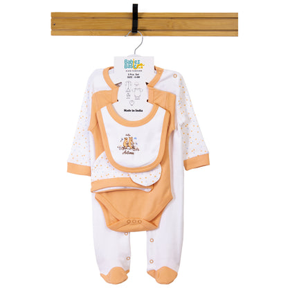 Babiesbasic 5 piece cotton Set include Bib, Romper, Mittens, cap and Sleepsuit- Hello Autumn, 3-6 Months , Pink