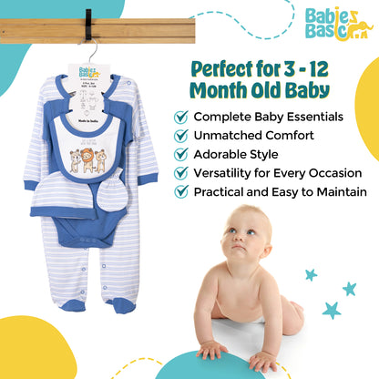 Babiesbasic 5 piece cotton Set include Bib, Romper, Mittens, cap and Sleepsuit- Life is Better, 3-6 Months , Blue