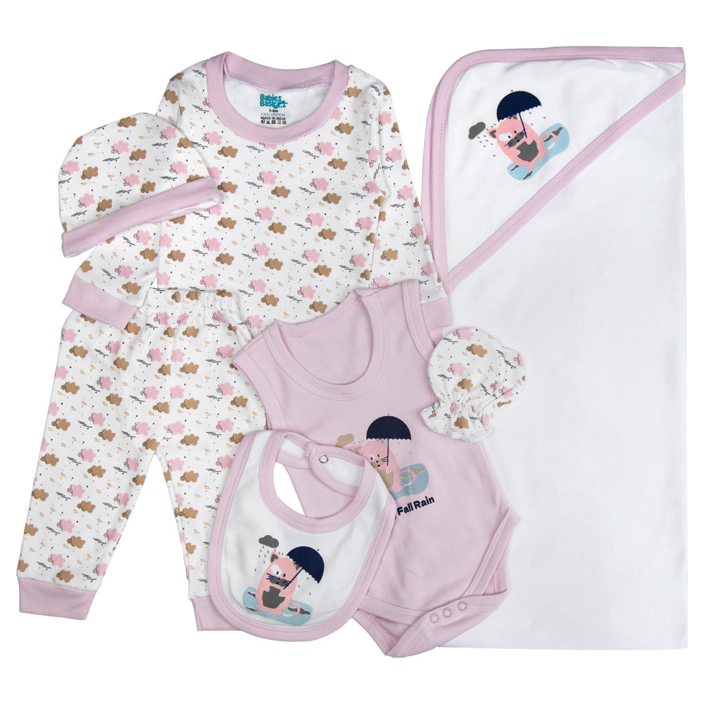 BabiesBasic 7 piece cotton Set include bib, blanket, mitten, cap, romper, top and bottom set, 9-12 Months , Mouve