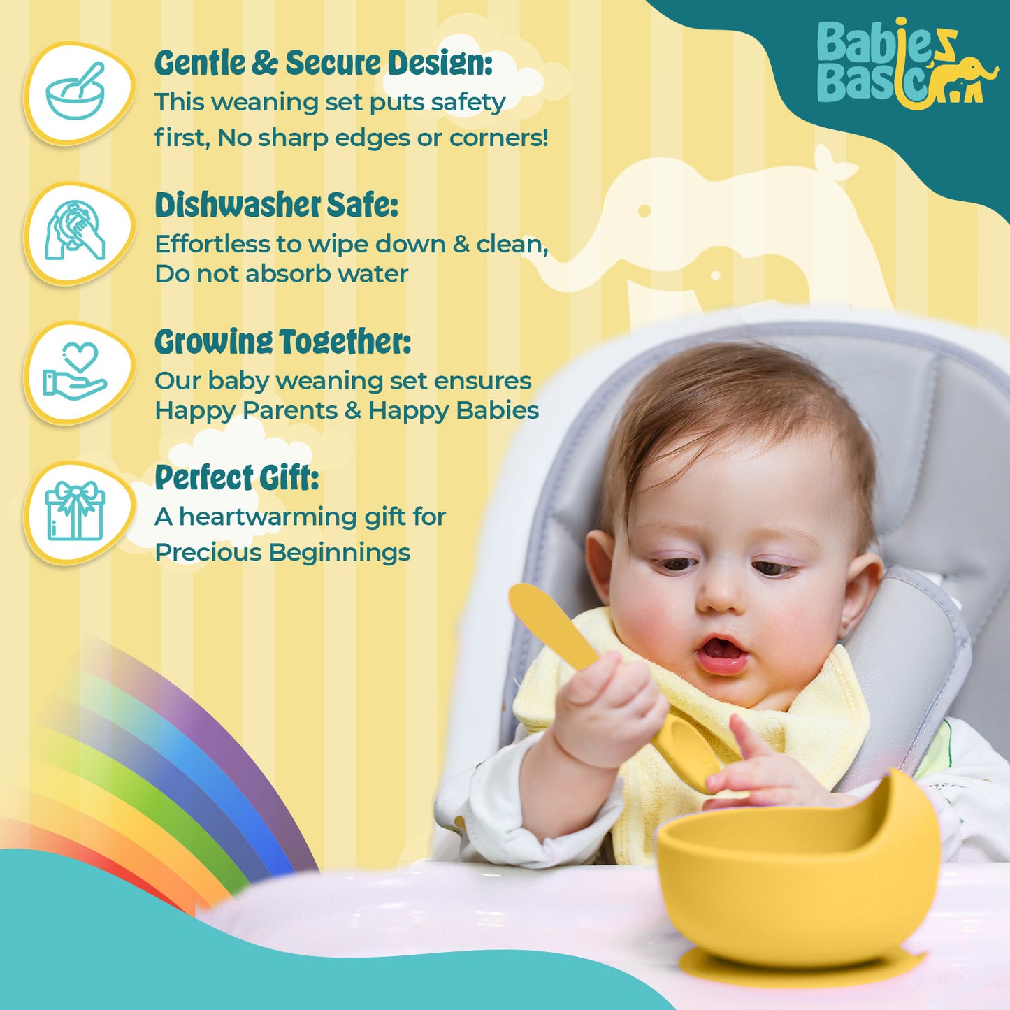 BabiesBasic Feeding Set, 6 Piece, Silicone Plate, Bowl, Bib, Spoon , Fork and  2 in 1 Cup - Yellow