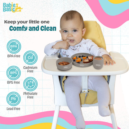 BabiesBasic 5 pc Set with silicone plate, bowl, cup and stainless steel cutlery with case - Grey