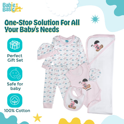 BabiesBasic 7 piece unisex 100% cotton Gift Set include bib, blanket, mitten, cap, romper, top and bottom set, 3-6 Months , Pink