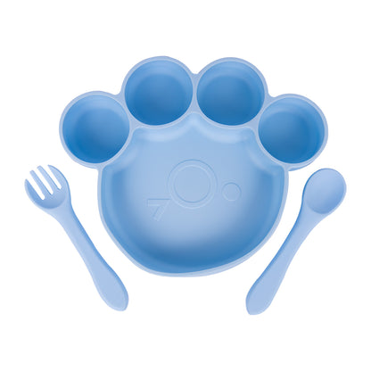 BabiesBasic Feeding Set, 3 Piece, Silicone Feeding Paw Set with Silicone Suction Plate, Spoon and Fork - Blue