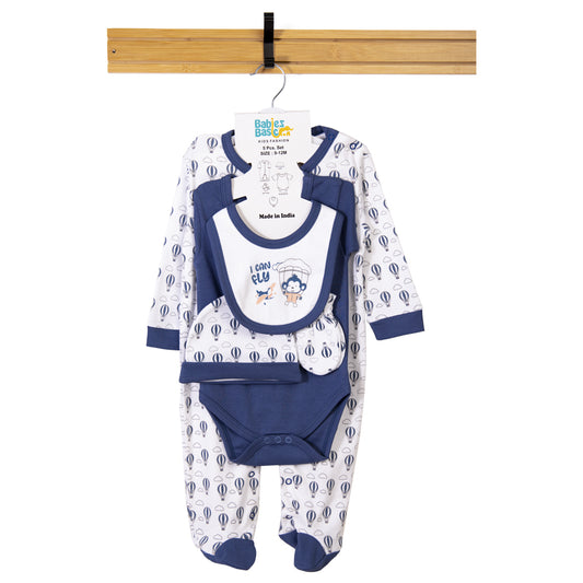 Babiesbasic 5 piece cotton Set include Bib, Romper, Mittens, cap and Sleepsuit- I can Fly, 9-12 Months , Blue