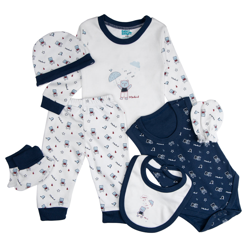 BabiesBasic 7 piece unisex 100% cotton Set include bib, socks, mitten, cap, romper, top and bottom set, 6-9 Months , Blue