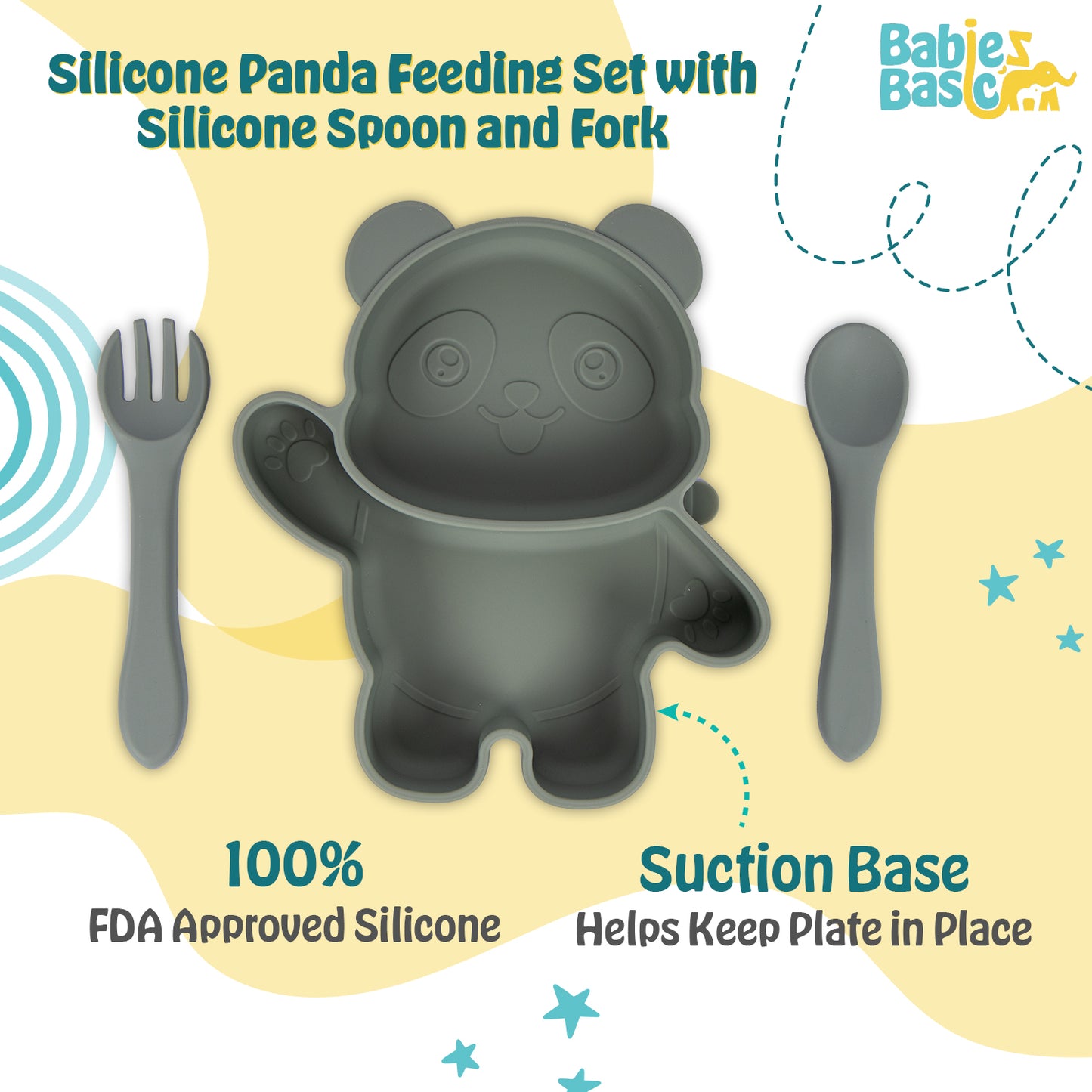 BabiesBasic Feeding Set, 3 Piece, Silicone Feeding Panda Set with Silicone Suction Plate, Spoon and Fork - Green