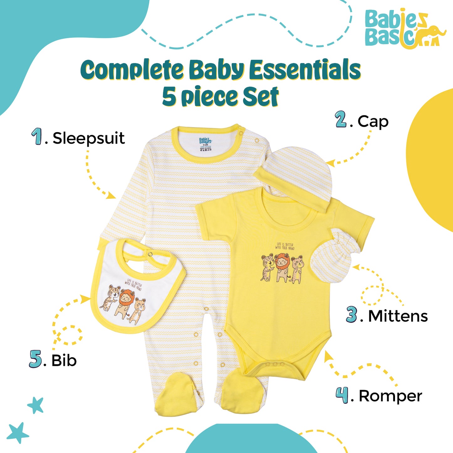 Babiesbasic 5 piece cotton Set include Bib, Romper, Mittens, cap and Sleepsuit- Life is Better, 6-9 Months , Yellow