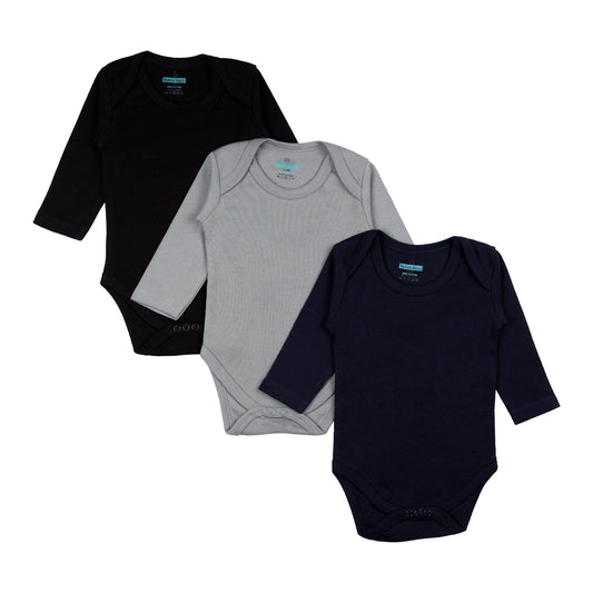 BabiesBasic 100% Super Combed Cotton, Long Sleeves Romper/Bodysuit, Set of 3 - Black, Navy,Grey, 6-9 Months