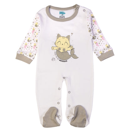 Babiesbasic 5 piece cotton Set include Bib, Romper, Mittens, cap and Sleepsuit- Meowmaid, 9-12 Months , Grey