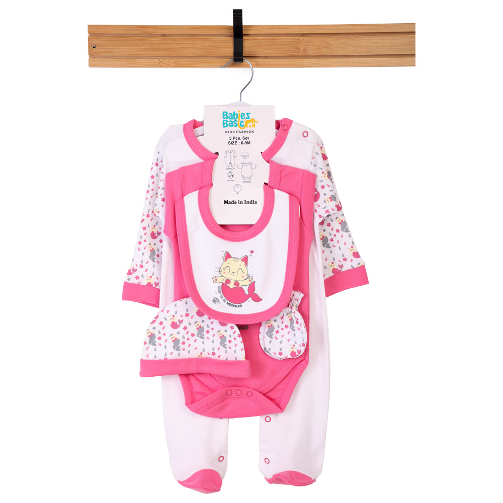 Babiesbasic 5 piece cotton Set include Bib, Romper, Mittens, cap and Sleepsuit- Meowmaid, 6-9 Months , Red