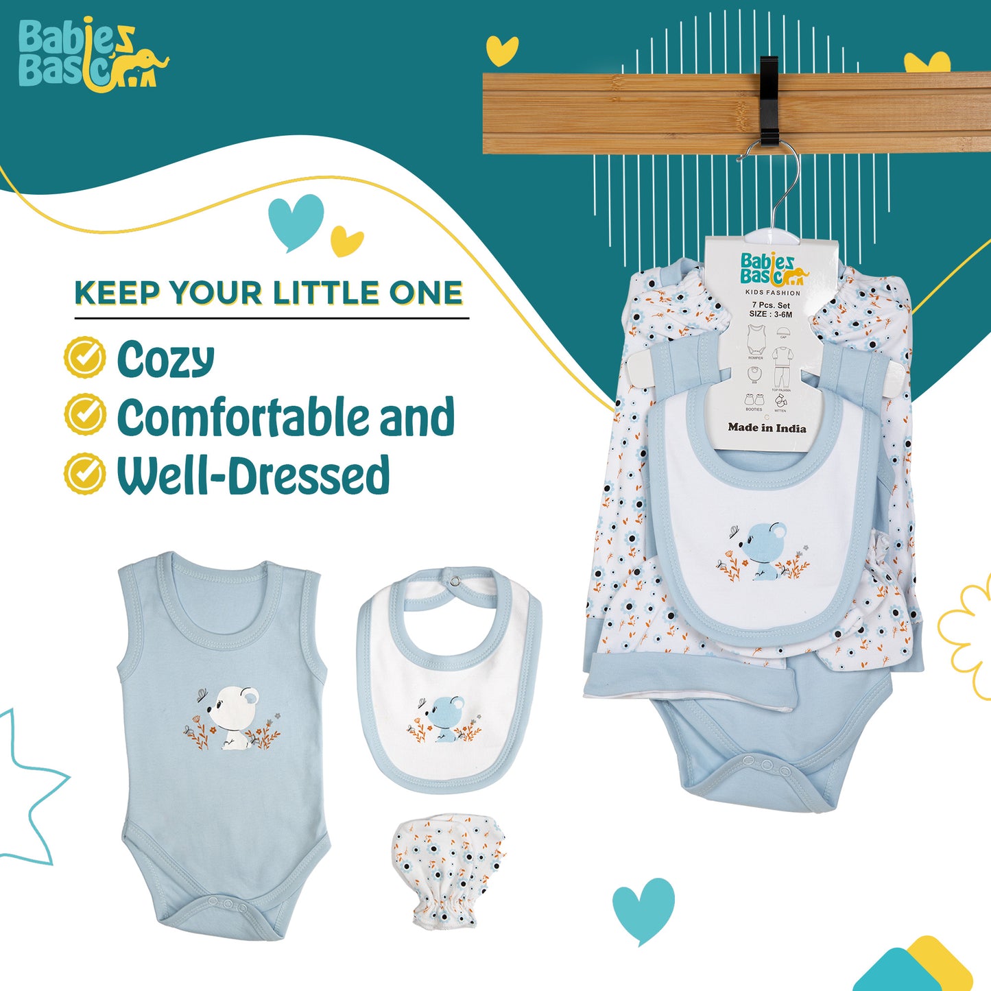 BabiesBasic 7 piece unisex 100% cotton Set include bib, socks, mitten, cap, romper, top and bottom set, 3-6 Months , Blue