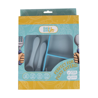 BabiesBasic Feeding Set, 3 Piece, Silicone Feeding Plate, Spoon and Fork - Blue