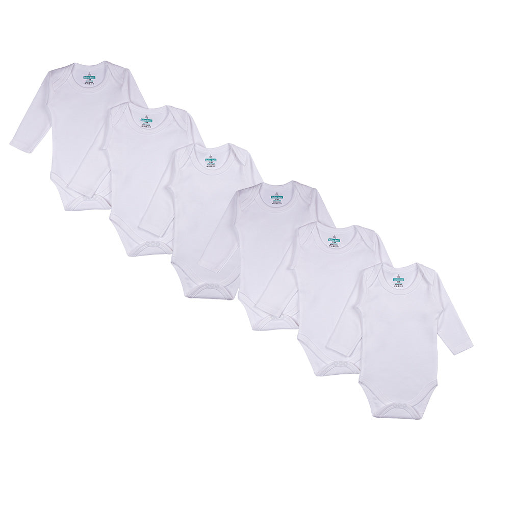 BabiesBasic 100% Super Combed Cotton, Long Sleeves Romper/Bodysuit, for New Born to 24months. Set of 6 - White, 0-3 Months